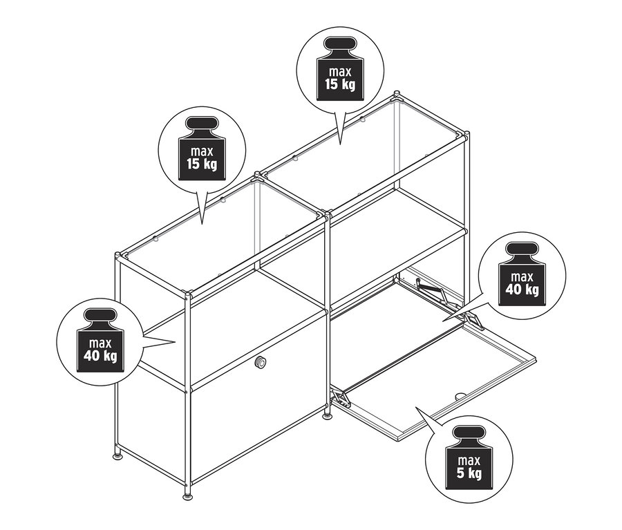 Nákres tmavošedej kovovej odkladacej skrinky »CN3« s 2 výklopnými dvierkami a sklenými poličkami.