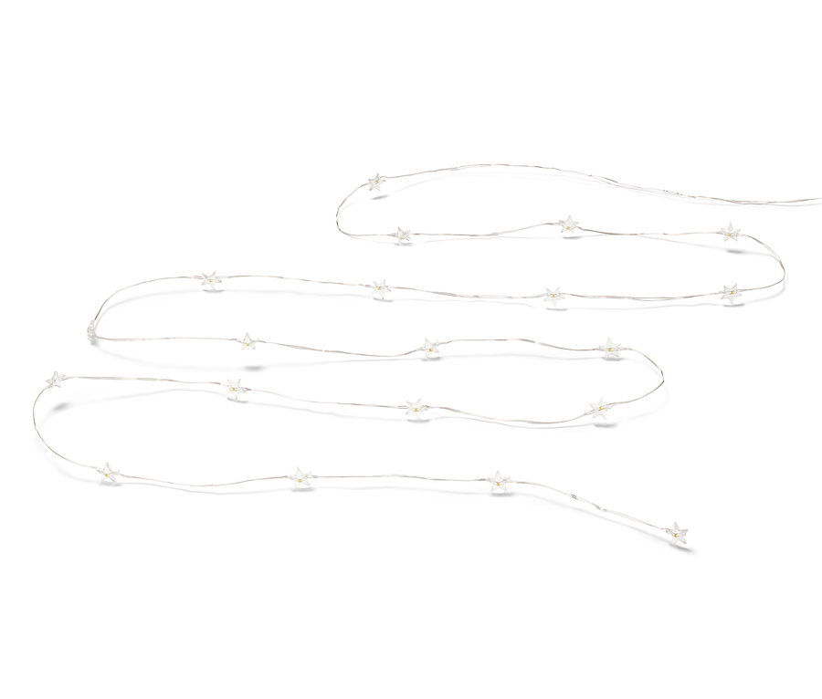 Svetelná reťaz s mikro LED, hviezdy na bielom pozadí.