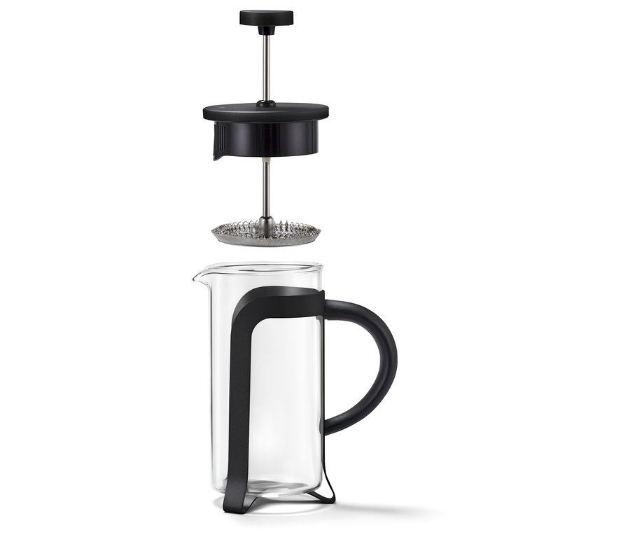 Čierna kanvica french press 300 ml s 2 šálkami, rozložená.