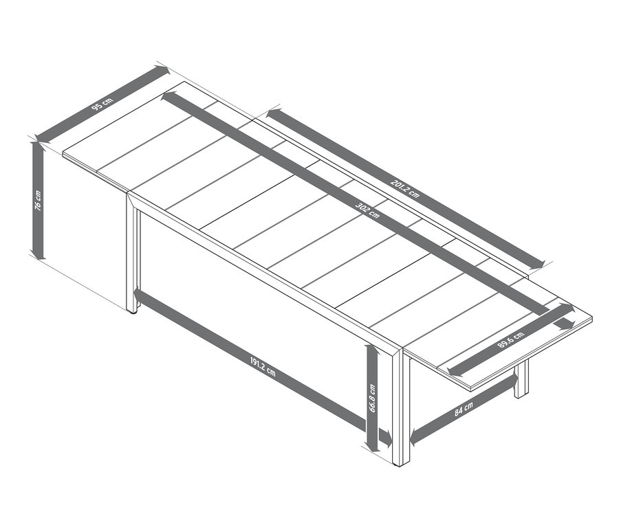 Rozkladací stôl z robustnej dosky Duraboard s vyznačenými rozmermi.