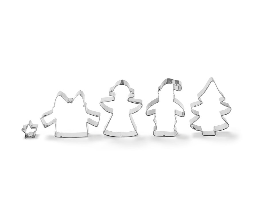 Päť vykrajovačiek na sušienky v tvare hviezdy, anjela, soba, Santa Clausa a vianočného stromčeka.