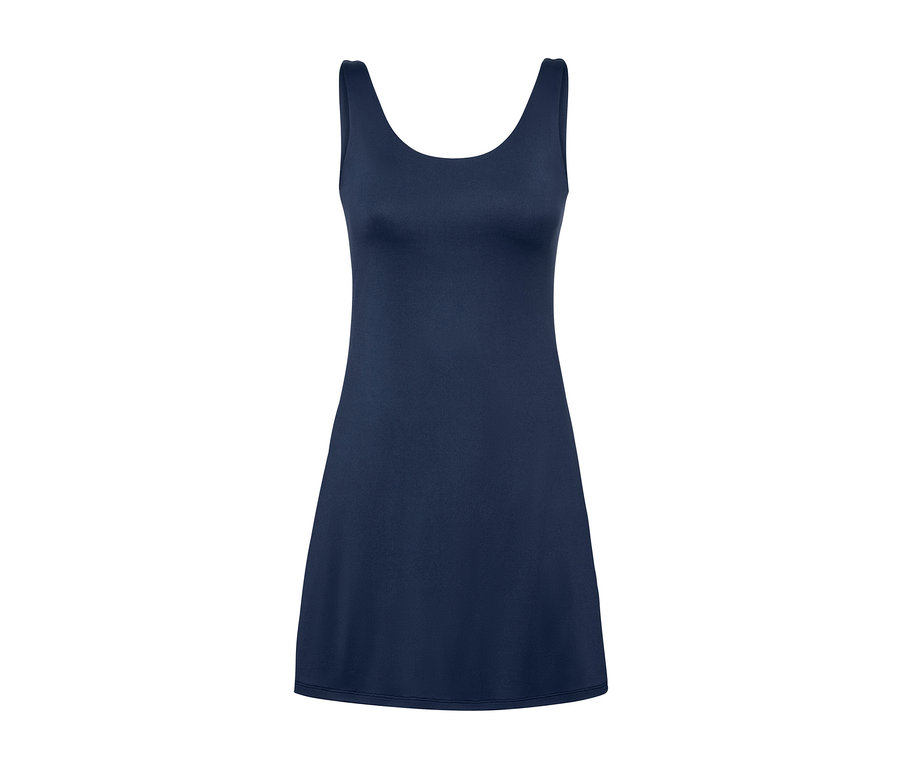 Tmavomodré športové šaty s cyklistickými nohavicami.