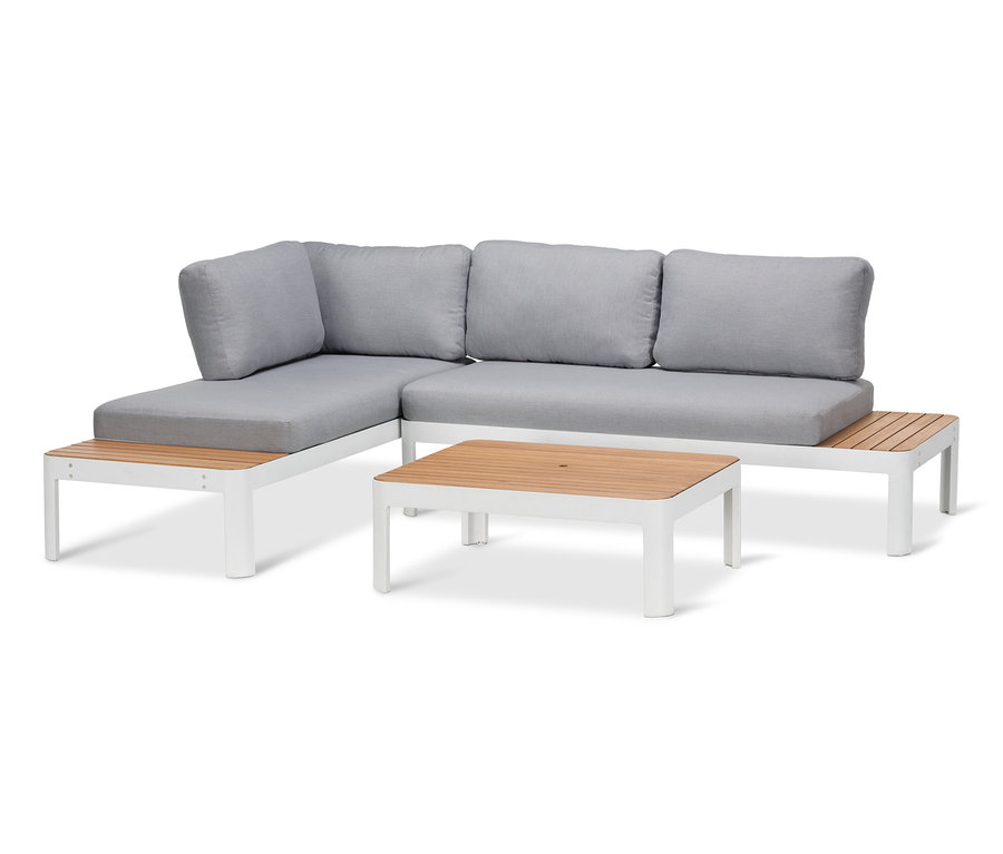 Rohová sedacia súprava a konferenčný stolík s nastaviteľnou výškou s bielym rámom a sivými vankúšmi.