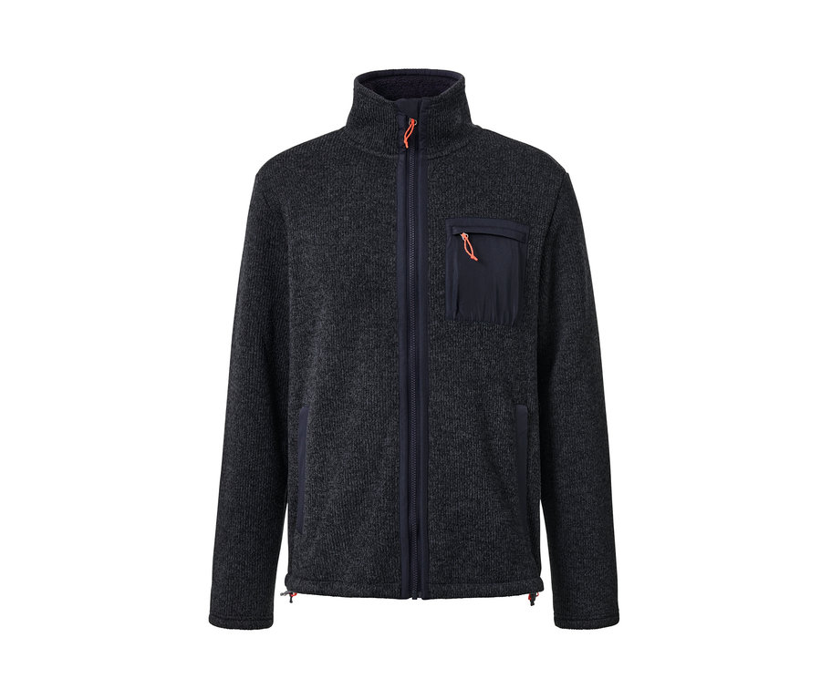 Tmavomodrá termobunda z pleteného flísu so zipsom a náprsným vreckom.