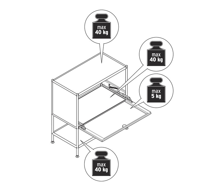 Nákres béžovej kovovej odkladacej skrinky »CN3« s výklopnými dvierkami.