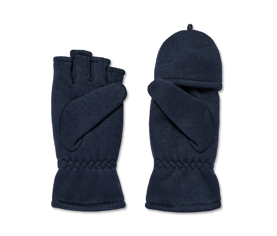 Dvoje detské palčiaky z pleteného flísu s príklopkou v tmavomodrej farbe. Jedny majú príklopku odklopenú.