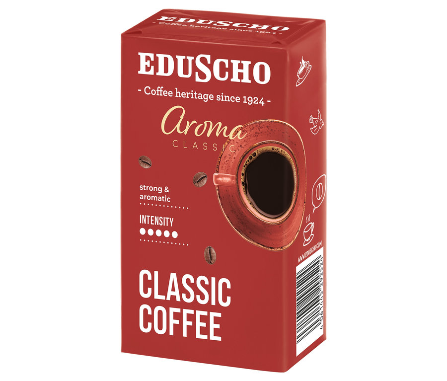 Balenie kávy EDU Aroma Classic 250g. Krabička je červená s obrázkom šálky kávy.