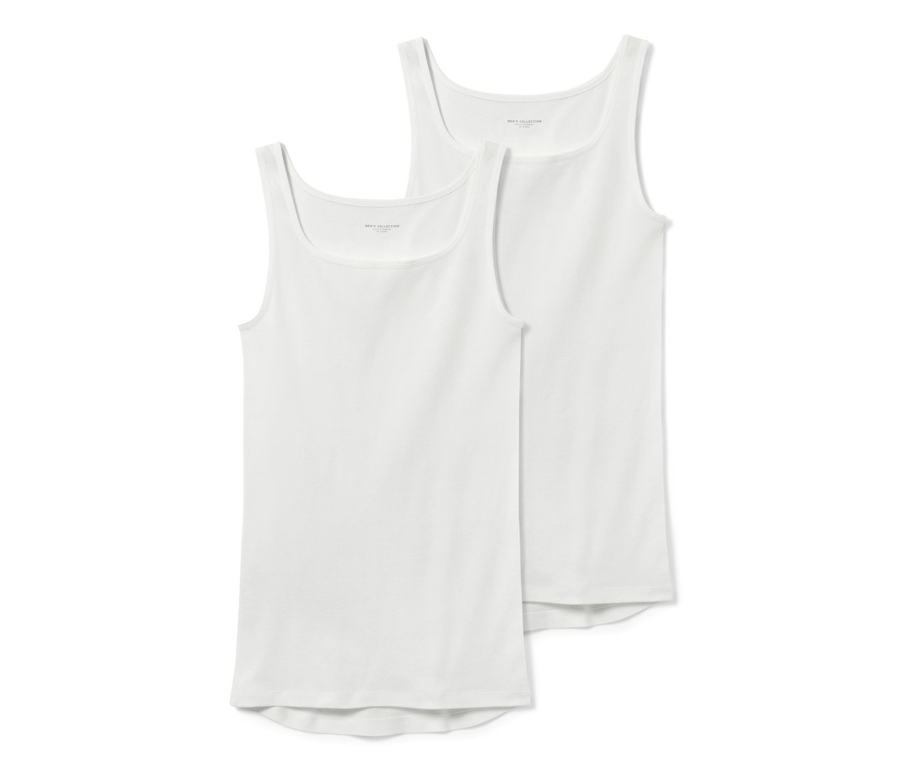 Dve biele trikotové tielka ležia na sebe.