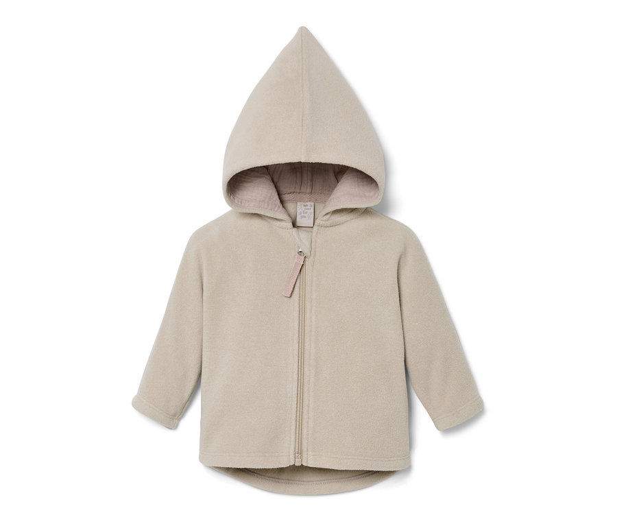 Béžová detská flísová bunda so zapínaním na zips a kapucňou.