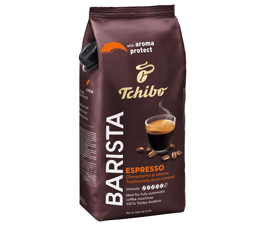 Hnedé balenie kávy Barista Espresso s obrázkom šálky espressa a kávových zŕn.