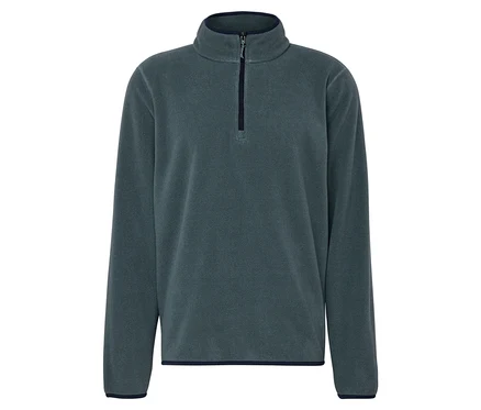 Detail sivomodrej flísovej mikiny na zips.