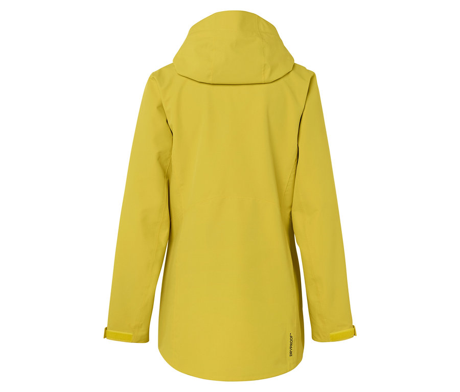 Pohľad zozadu na žltú bundu s kapucňou.