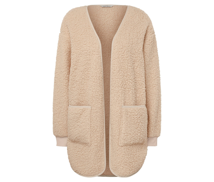 Béžový kardigán s dlhým rukávom a vreckami.