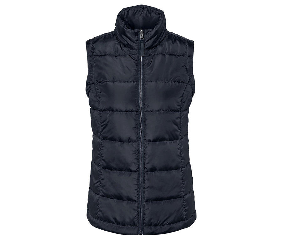 Tmavomodrá prešívaná vesta na zips s vysokým golierom.