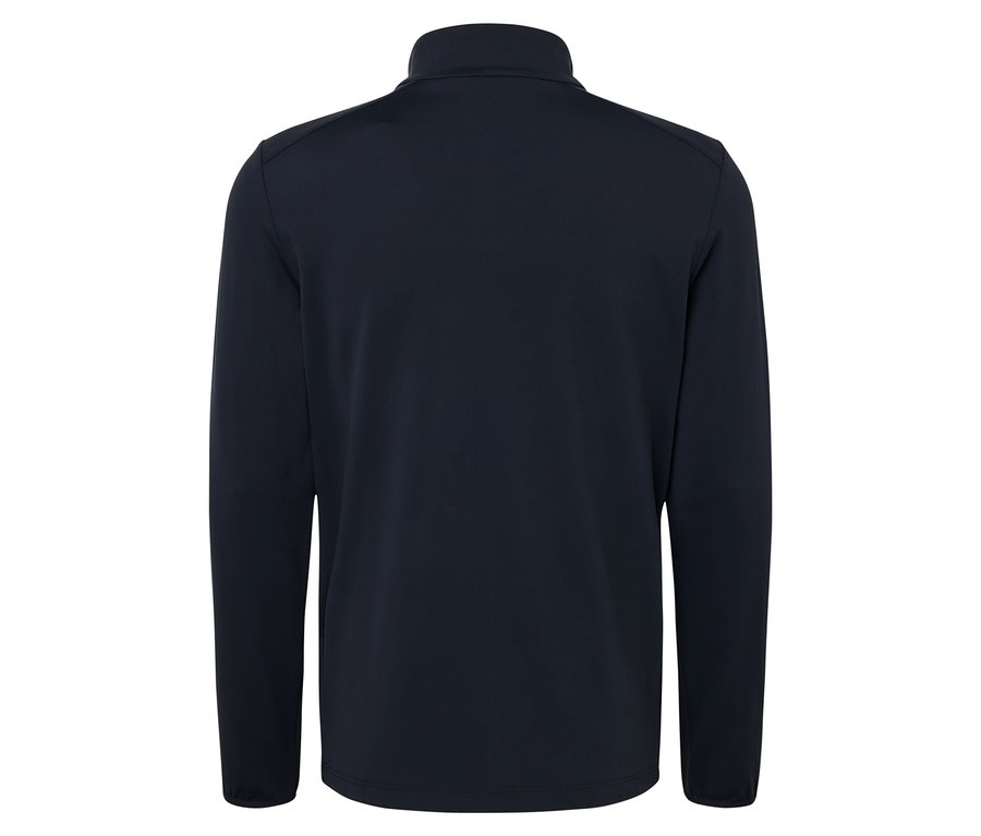 Tmavomodrá funkčná bunda s dlhými rukávmi zozadu.