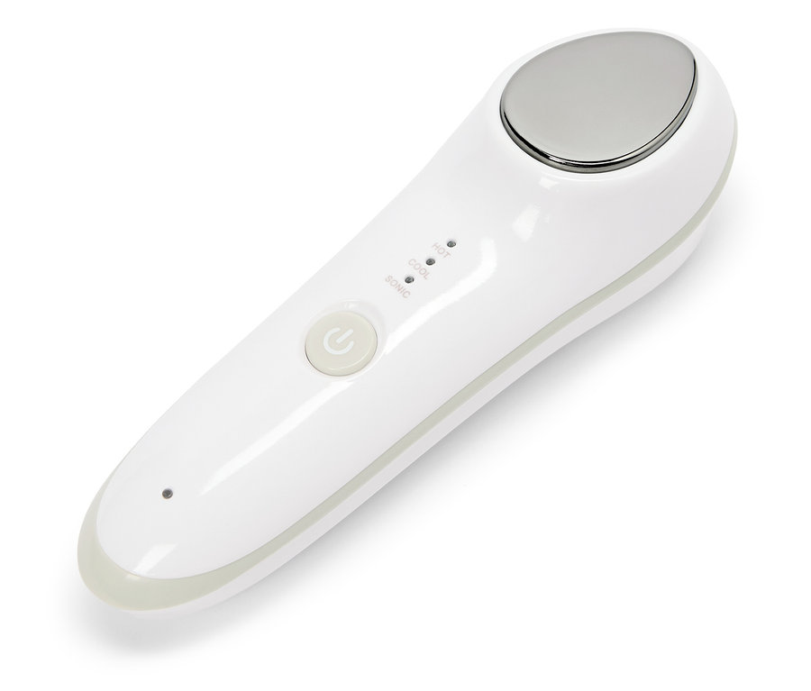 Biely kozmetický prístroj s kovovou hlavicou a tlačidlami na nastavenie teploty a sonického režimu.