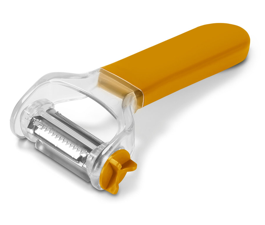 Žltá škrabka na zeleninu s priehľadným plastovým krytom na bielom pozadí.