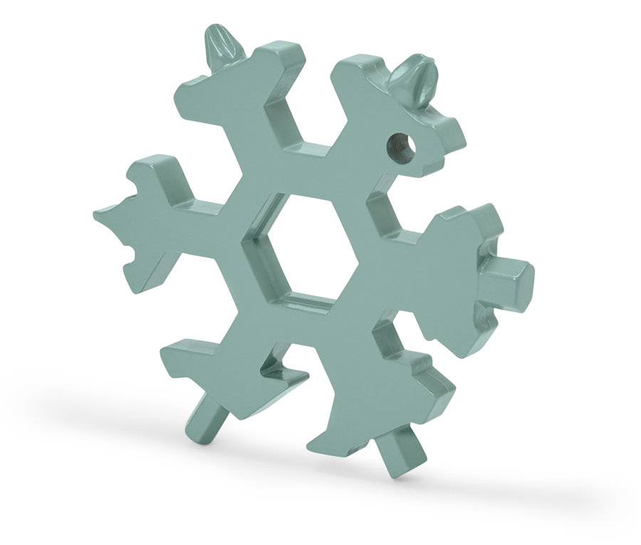 Sivý multifunkčný kľúč v tvare snehovej vločky.