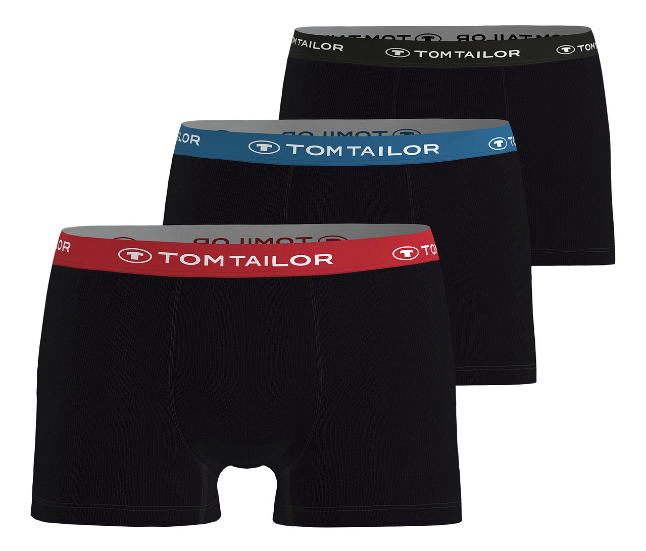 Tri viacfarebné boxerky Tom Tailor »Buffer« v kope, s čiernymi nohavicami a farebnými pásmi s logom Tom Tailor.