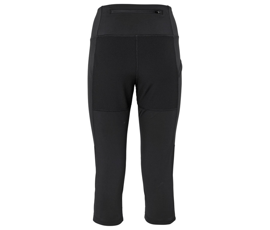 Čierne trojštvrťové legíny s vysokým pásom, vreckami a zipsom vzadu.