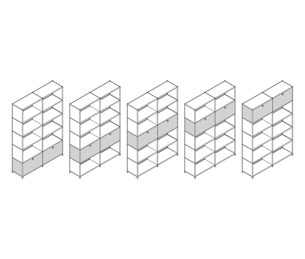 Päť regálov »CN3« s 2 výklopnými dvierkami, jeden čierny, jeden sivý a jeden biely, zvyšné dva sú bez dvierok.