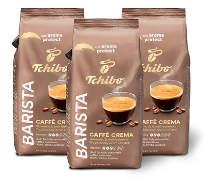 Tri balenia zrnkovej kávy BARISTA Caffè Crema - 3x 1 kg stoja vedľa seba.