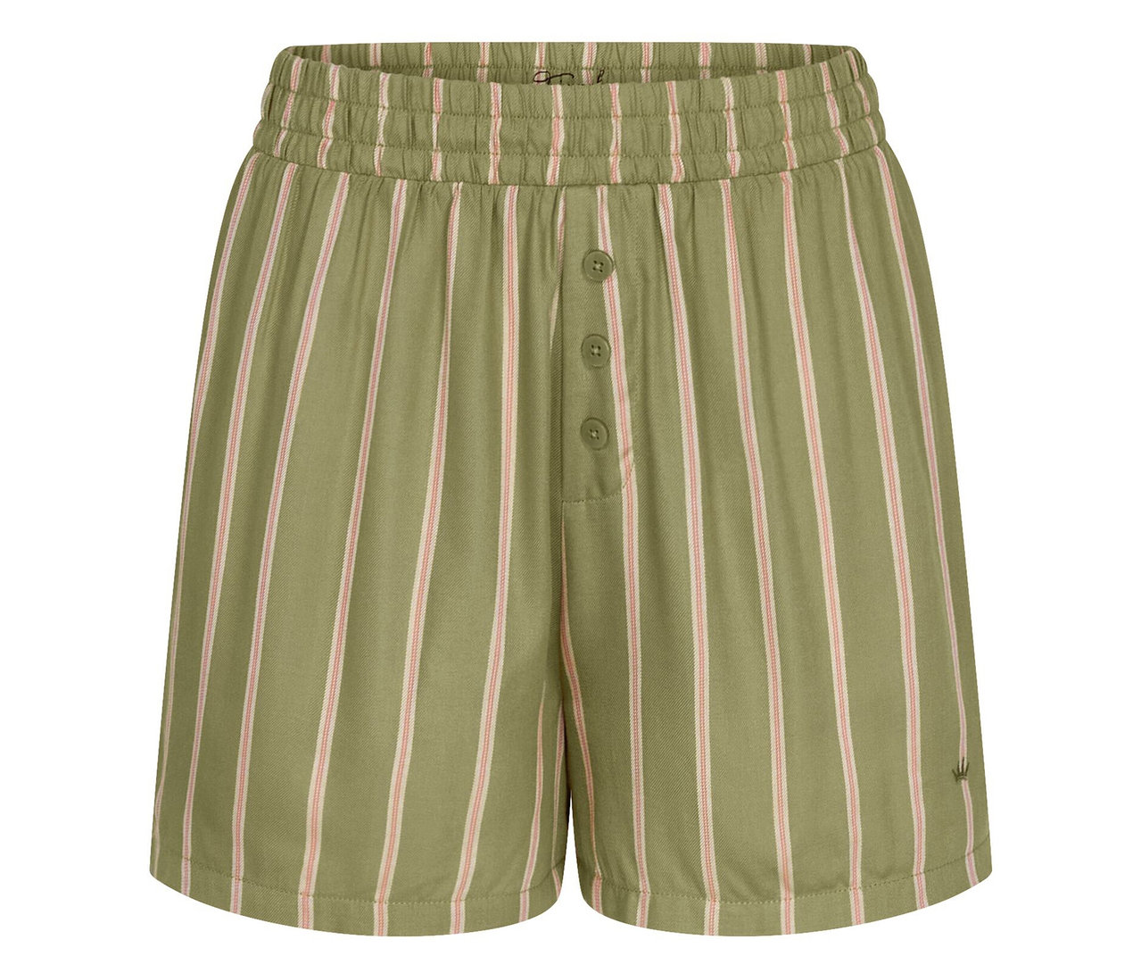 Triumph Mix & Match šortky z viskózy. Olivovozelené šortky s ružovými pruhmi, elastickým pásom a gombíkovou légou.