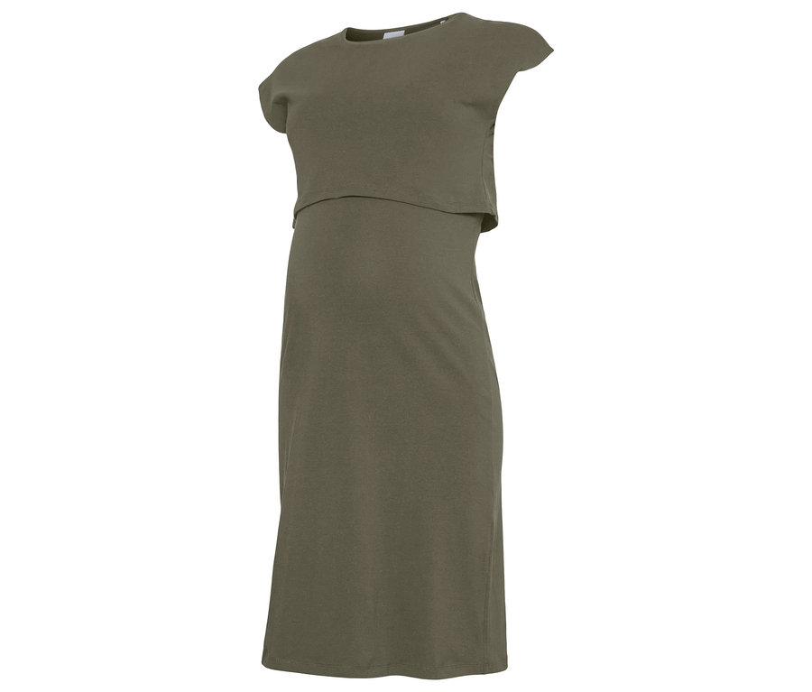 Khaki tehotenské šaty s krátkym topom a sukňou po kolená.