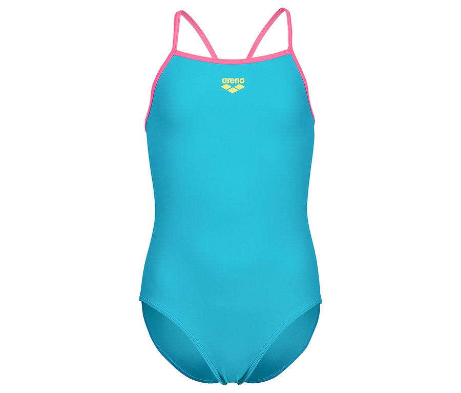 Tyrkysové plavky s ružovými ramienkami, odfotené v štúdiu.