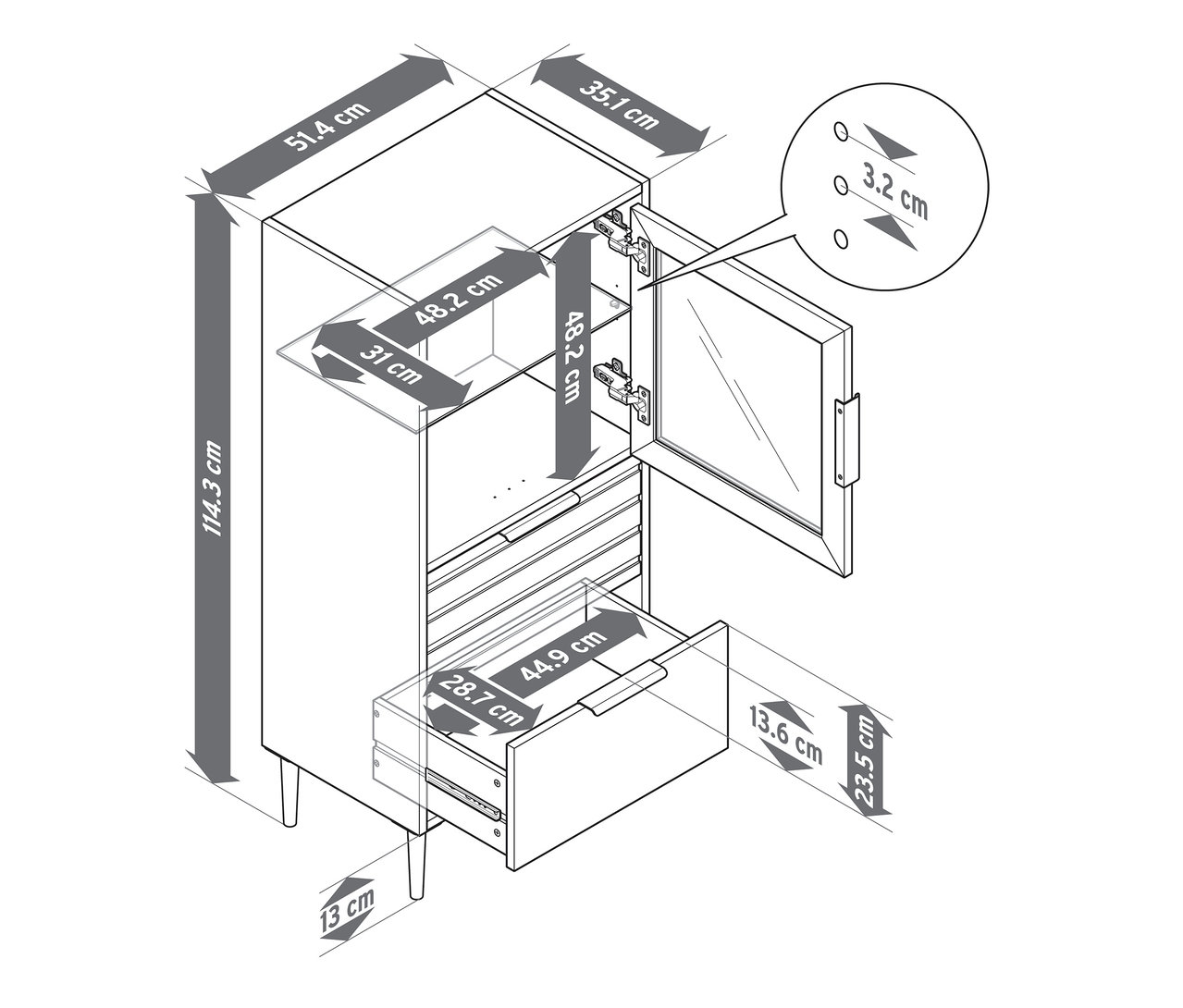 Nákres vitríny »BAAKEN« so sklenenými dvierkami a 2 zásuvkami, s rozmermi.