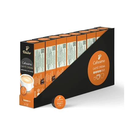 V čiernom držiaku je zoradených niekoľko balení Caffè Crema vollmundig - 80 kapsúl.