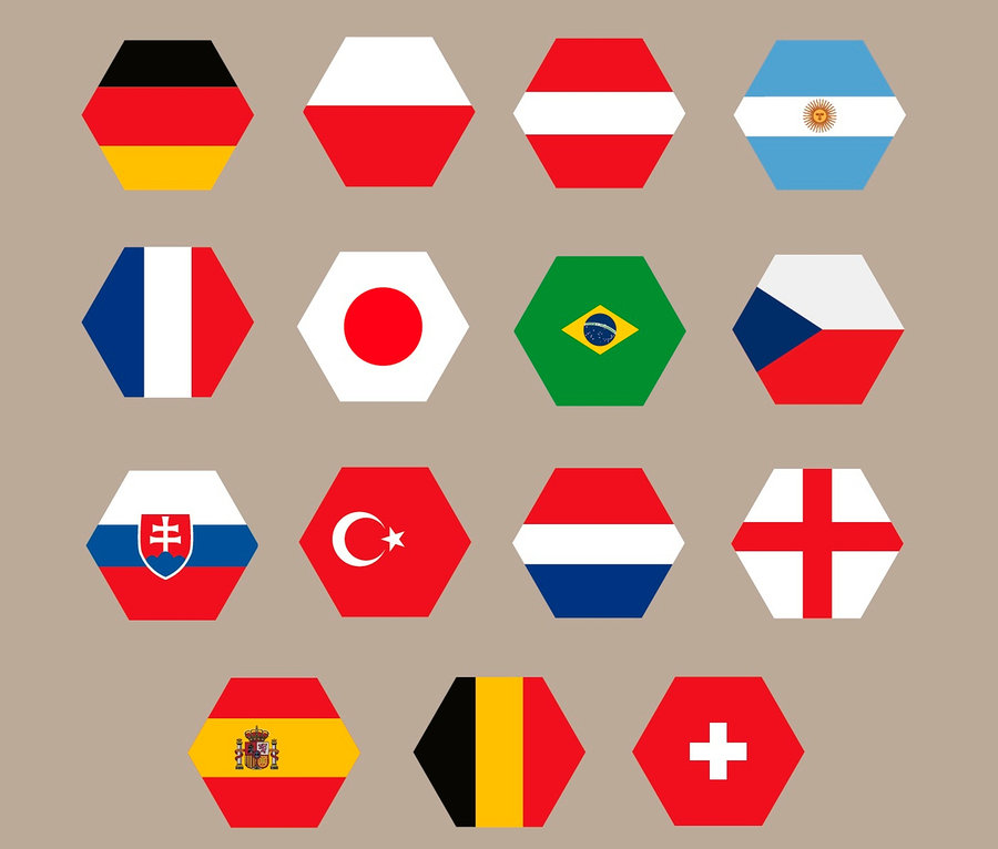Mriežka 15 šesťuholníkových vlajok vrátane Nemecka, Poľska, Rakúska, Argentíny, Francúzska, Japonska, Brazílie, Českej republiky, Slovenska, Turecka, Holandska, Anglicka, Španielska, Belgicka a Švajčiarska.