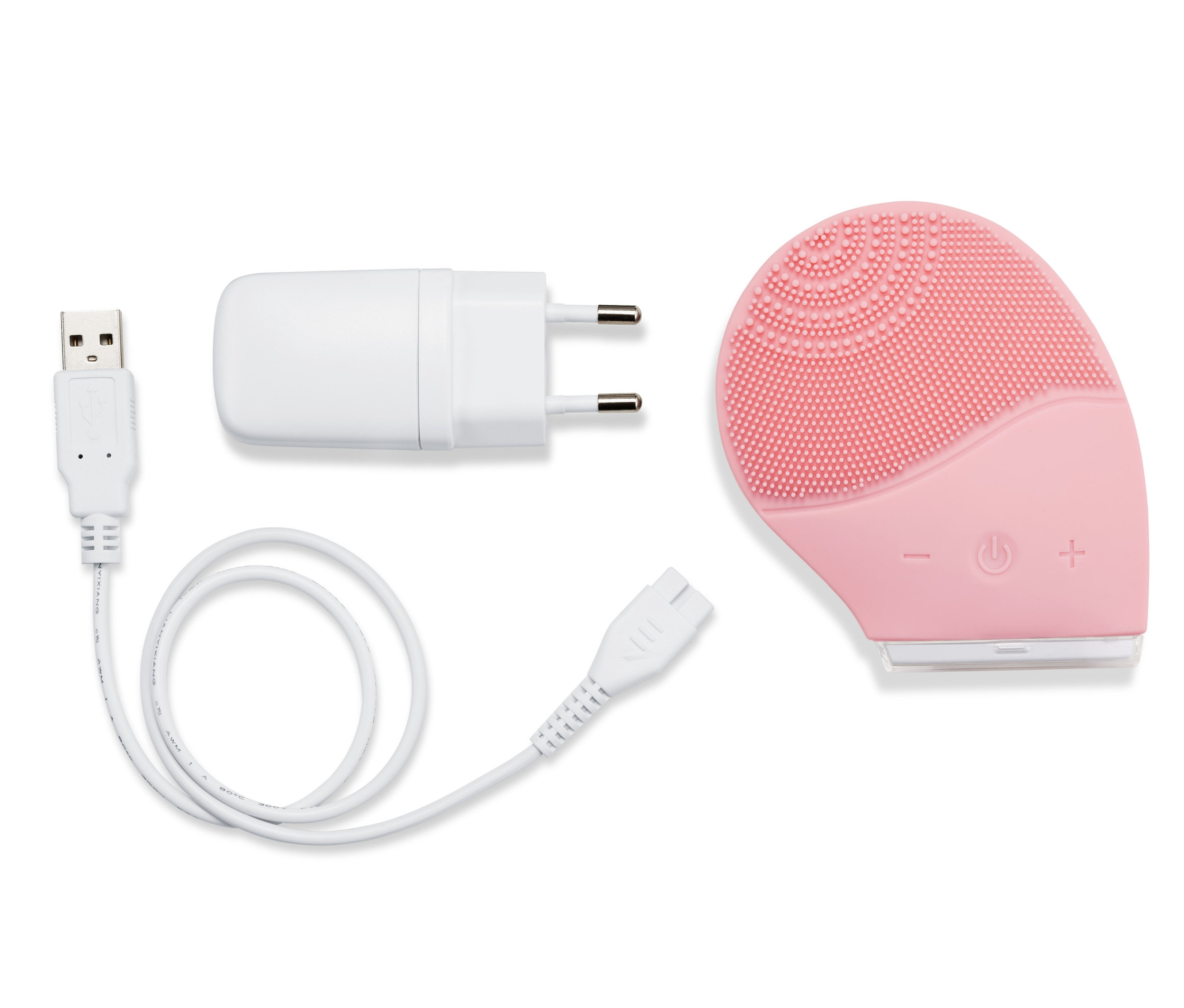 Ružová elektrická silikónová čistiaca kefka na tvár s nabíjacím káblom a adaptérom.