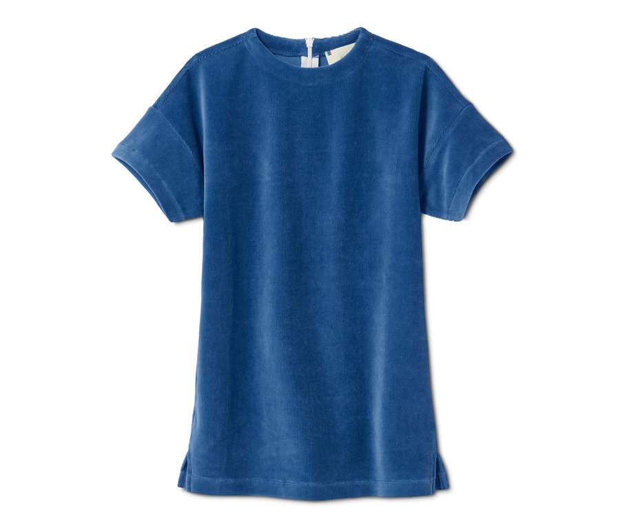 Modré elastické menčestrové šaty.