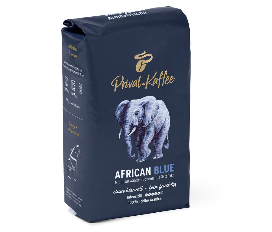 Balenie zrnkovej kávy Privat Kaffee African Blue s obrázkom slona.