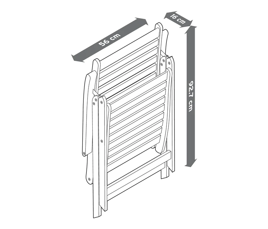 Zložená stolička »Leira« s vysokým nastaviteľným operadlom. Rozmery 56 x 16 x 92,7 cm.