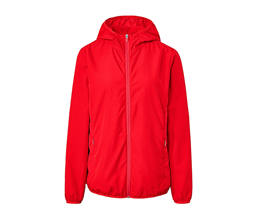 Červeno-oranžová ľahká funkčná bunda »pack me« so zipsom a kapucňou.