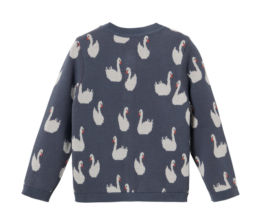 Modrý detský pletený sveter s potlačou labutí.
