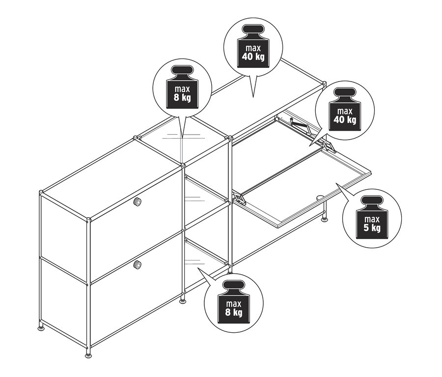 Nákres kovovej odkladacej skrinky »CN3« so 4 výklopnými priehradkami a maximálnou nosnosťou.