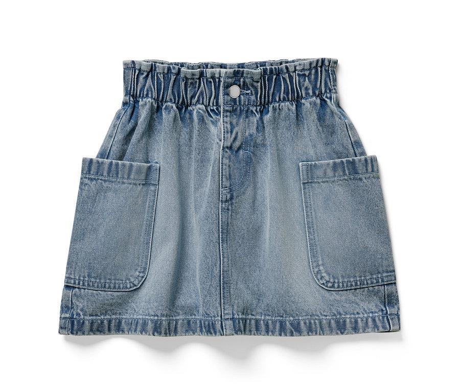 Detská džínsová sukňa v štýle paperbag s dvomi vreckami.