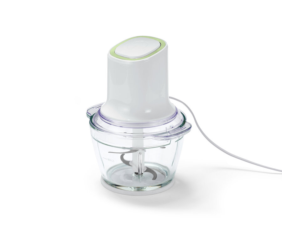 Multifunkčný krájač s priehľadnou sklenenou nádobou a bielym vrchom.