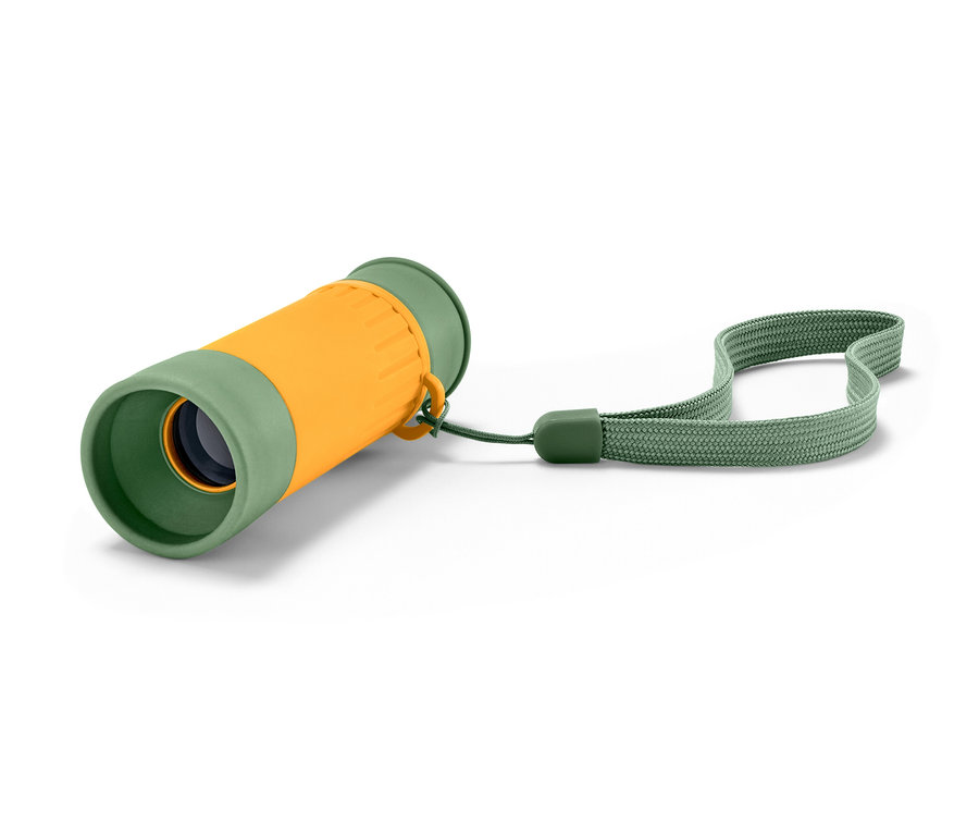 Žlto-zelený teleskop s popruhom leží na bielom pozadí.