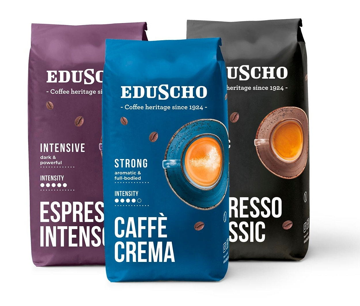 Tri balenia zrnkovej kávy Eduscho Ochutnávkový set 3kg. Balenia sú fialové, modré a čierne.