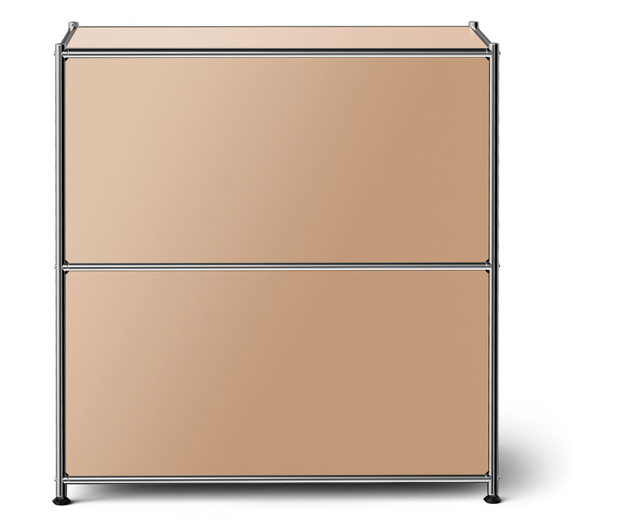 Dvojdielna skrinka s béžovými zásuvkami a strieborným rámom.