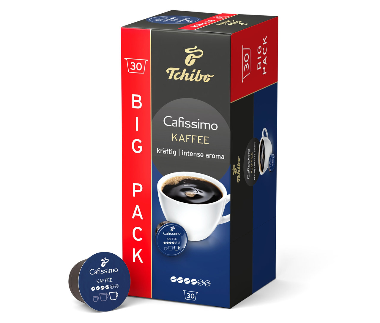 Balenie Cafissimo Kaffee kräftig - 30 kapsúl vedľa jednej kapsuly.