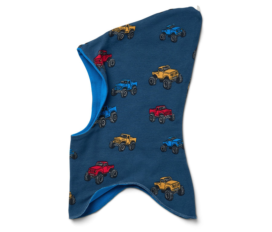 Modrá kukla s potlačou farebných monster truckov.