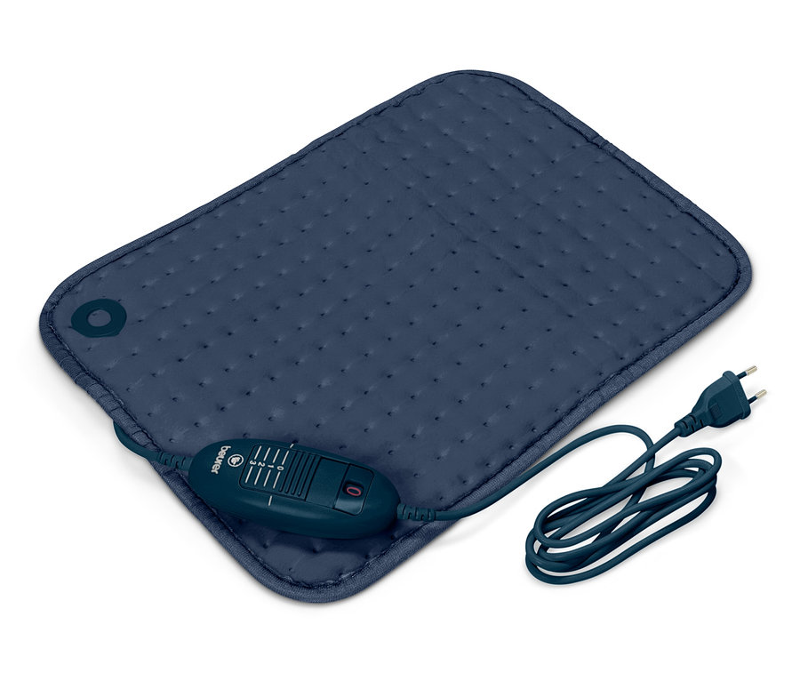Modrá vyhrievacia podložka s ovládačom a káblom na bielom pozadí.