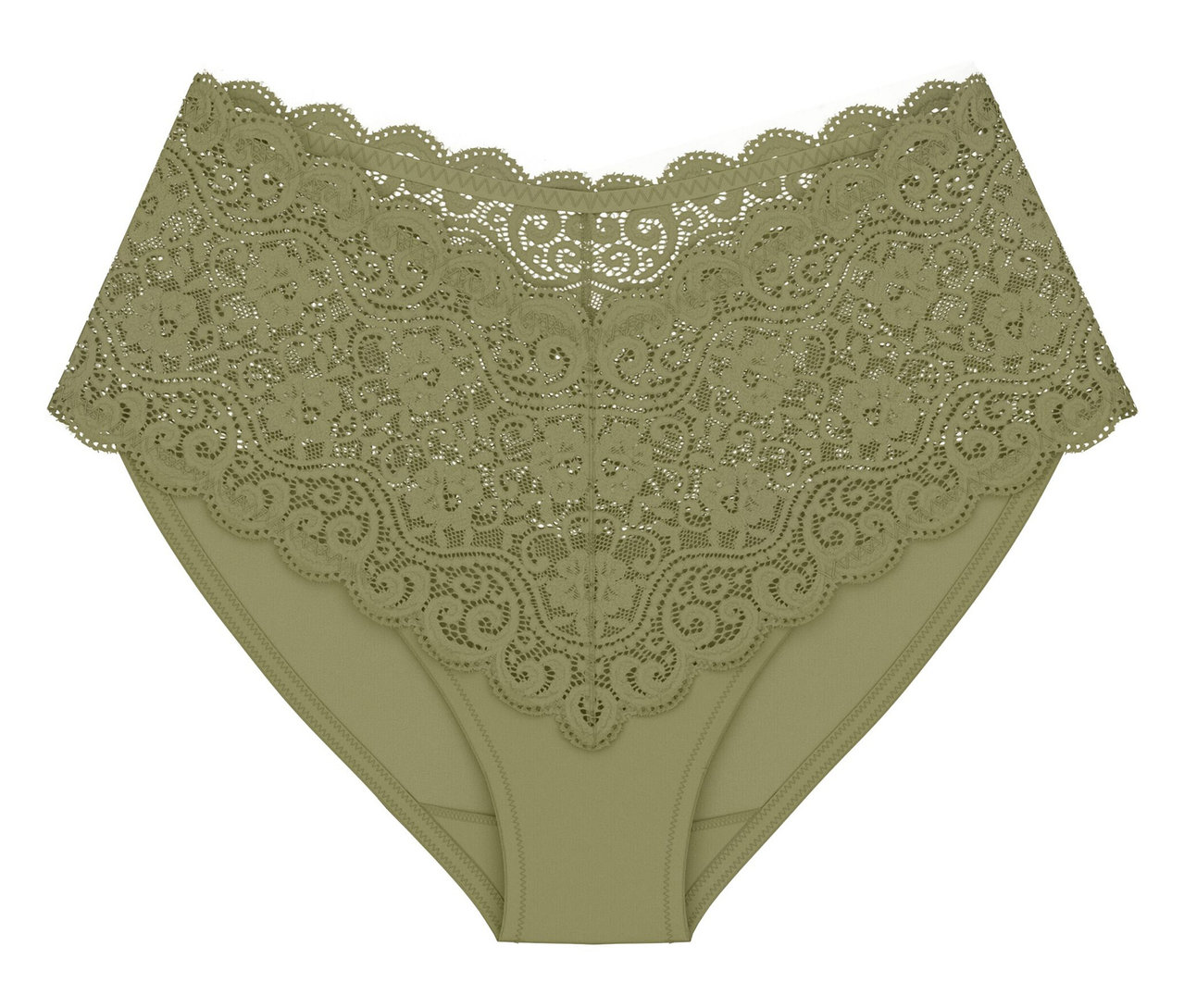 Nohavičky Triumph Amourette Maxi v olivovo-zlatej farbe so širokým čipkovaným pásom.