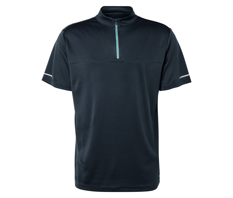 Detailný záber na tmavomodré cyklistické tričko s krátkym zipsom a reflexnými pruhmi na rukávoch.