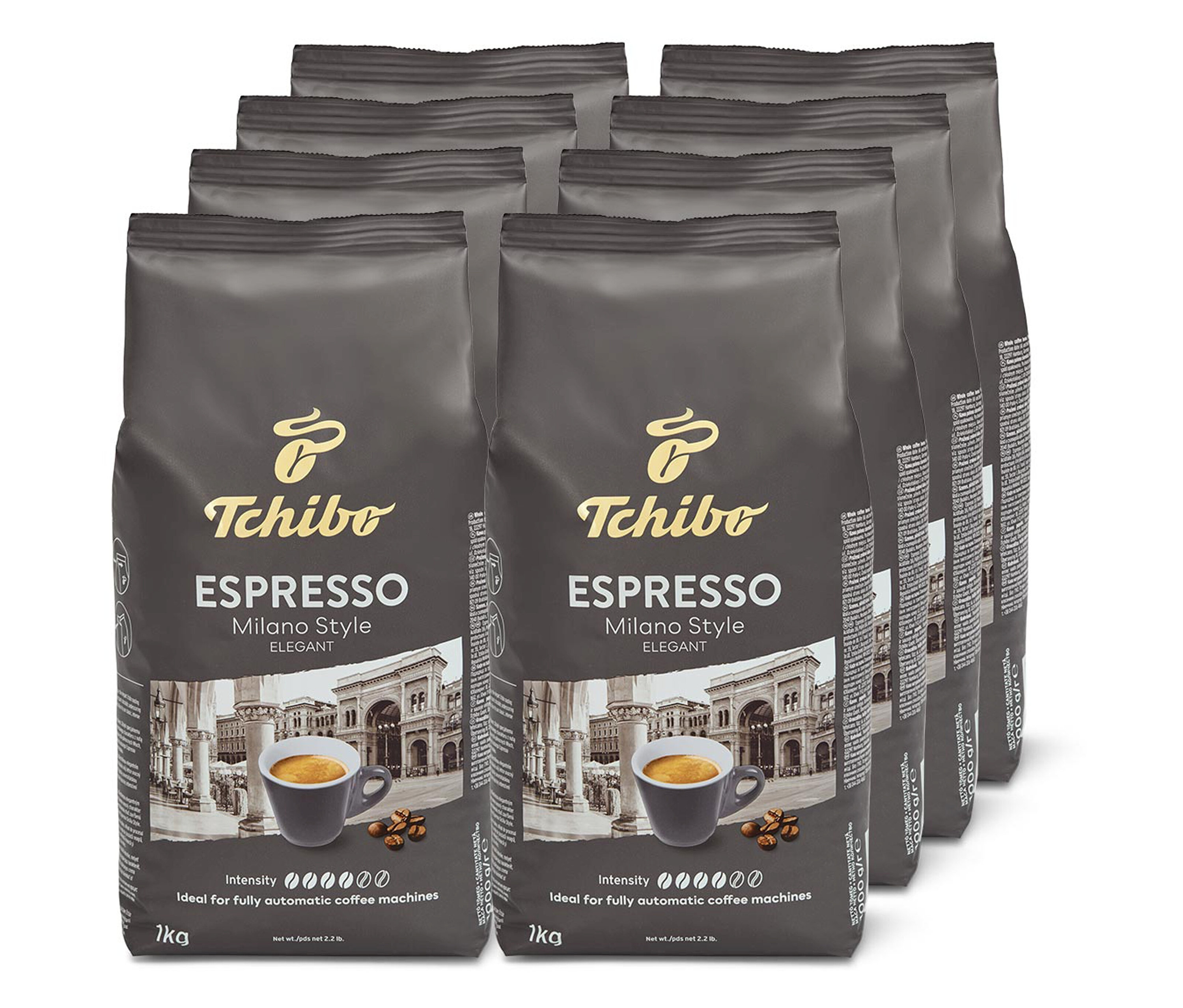 Osem balení zrnkovej kávy Espresso Milano Style - 8 x 1 kg naskladaných v dvoch radoch.